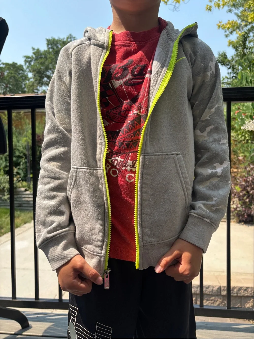 Nike Gray Camo Kids Zip Hoodie with Neon Yellow Logo